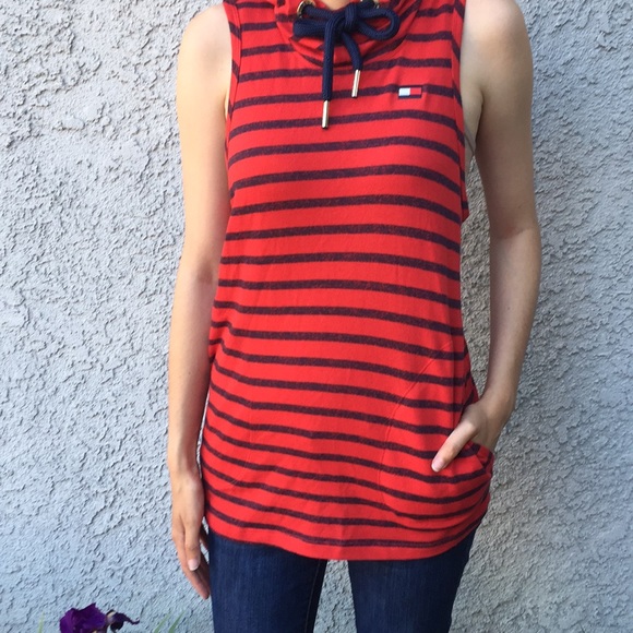 Tommy Hilfiger Sport Red Navy Blue Striped Pullover Sleeveless Hoodie Chic Euro - Picture 1 of 6